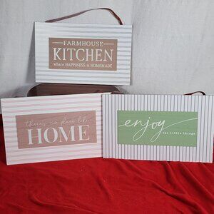 Hudson Farmhouse Country Home 3pc Wood Hanging Saying Pictures Faux Leather Line